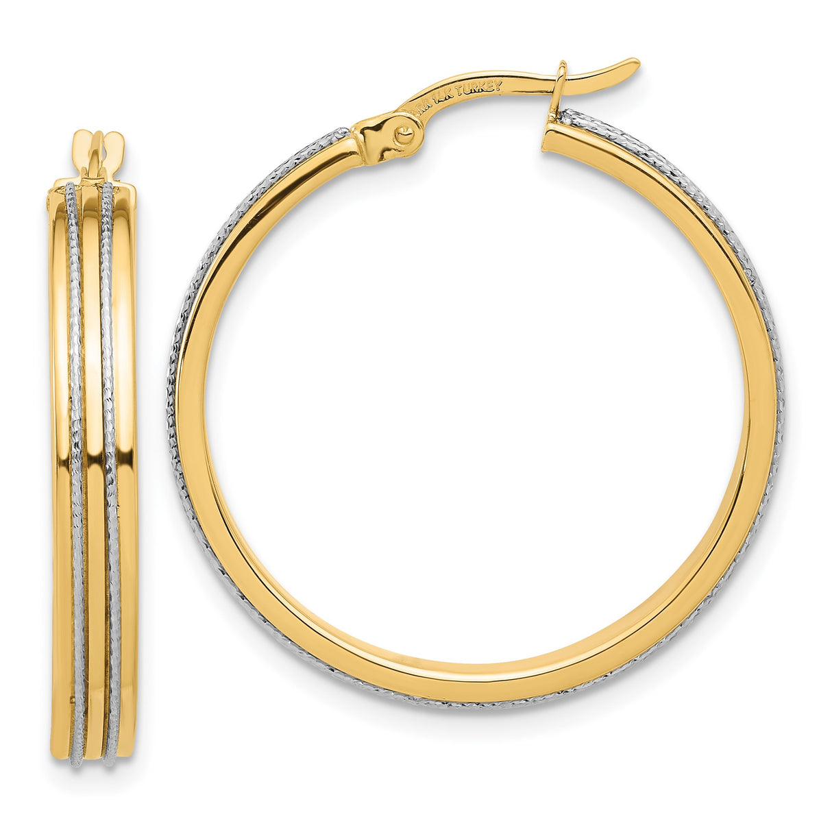14k Two-Tone Gold Hoop Earrings with Polished Yellow Gold and Textured White Gold Accents