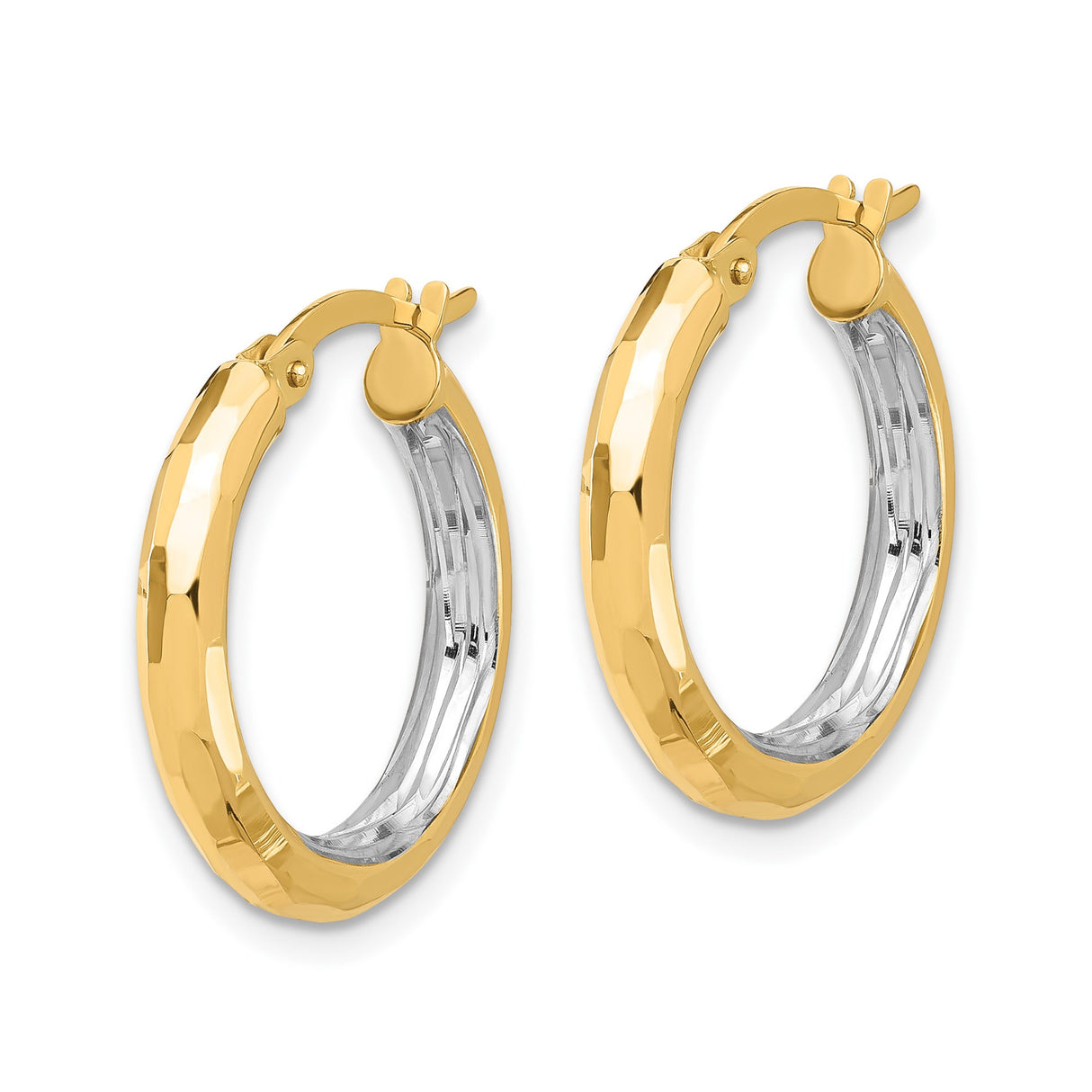 14k Yellow Gold Hoop Earrings, Two-Tone with Polished Hammered Finish, Lightweight Textured Design