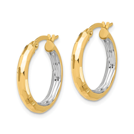14k Yellow Gold Hoop Earrings, Two-Tone with Polished Hammered Finish, Lightweight Textured Design