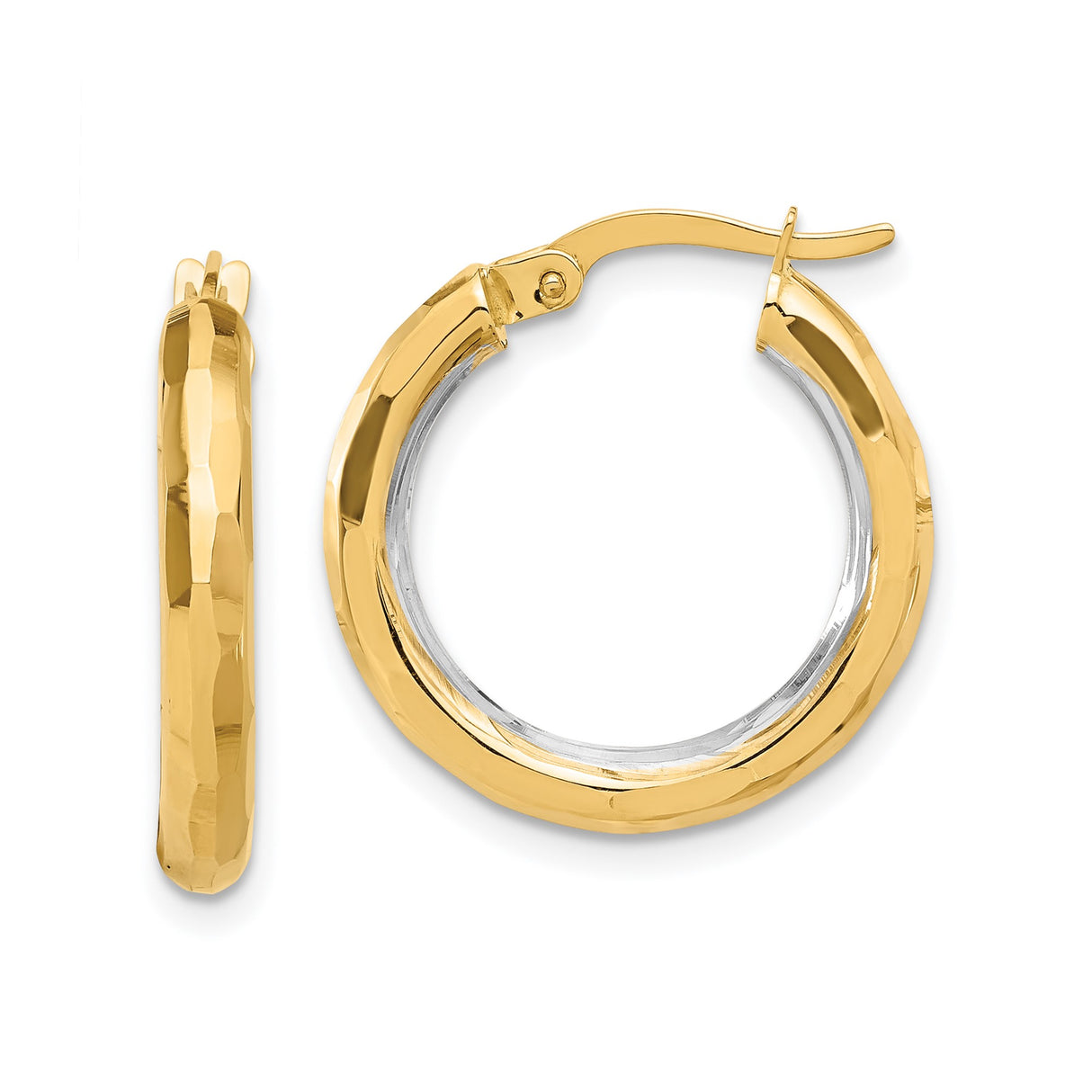 14k Yellow Gold Hoop Earrings, Two-Tone with Polished Hammered Finish, Lightweight Textured Design