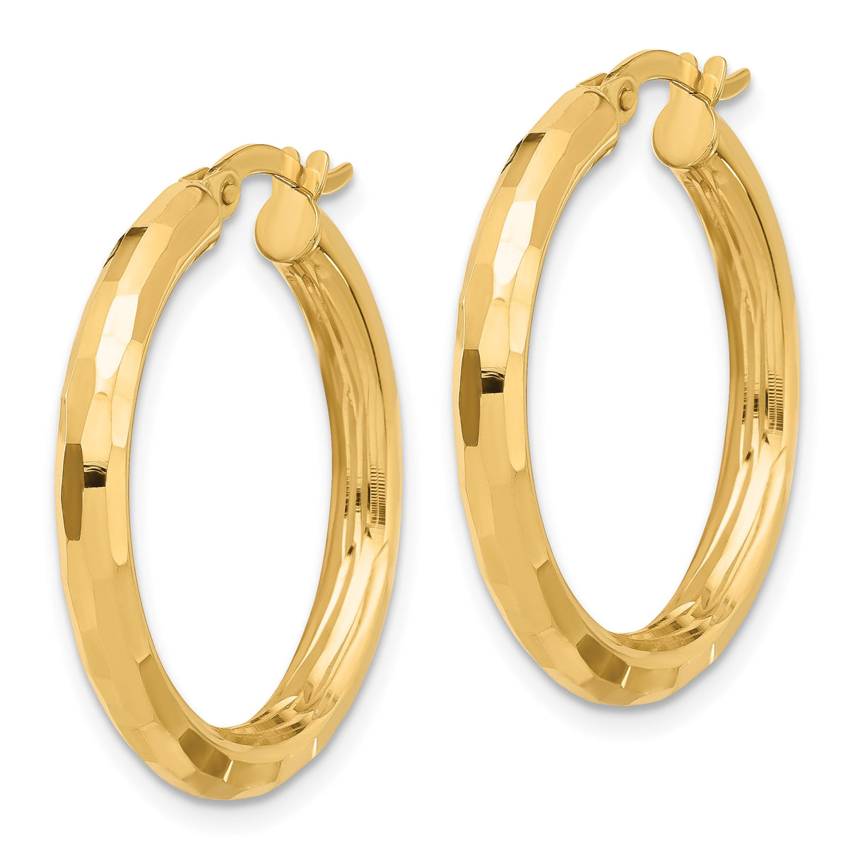 14k Yellow Gold Hoop Earrings, Textured Faceted Finish, Classic Round Hinged Design for Women