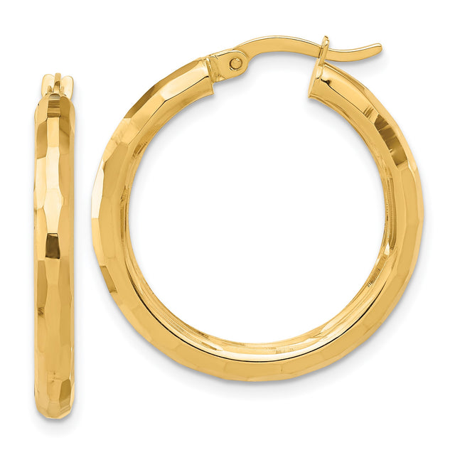 14k Yellow Gold Hoop Earrings, Textured Faceted Finish, Classic Round Hinged Design for Women