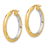 14k Yellow Gold Hoop Earrings, Hammered and Polished Two-Tone Textured Design, Latch Back Closure