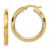 14k Yellow Gold Hoop Earrings, Hammered and Polished Two-Tone Textured Design, Latch Back Closure