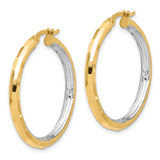 14k Yellow Gold Hoop Earrings with Rhodium Finish, Faceted Polished Two-Tone Design