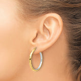 14k Yellow Gold Hoop Earrings with Rhodium Finish, Faceted Polished Two-Tone Design