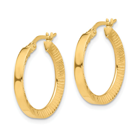 14k Yellow Gold Hoop Earrings with Textured Ridged Design and Polished Finish
