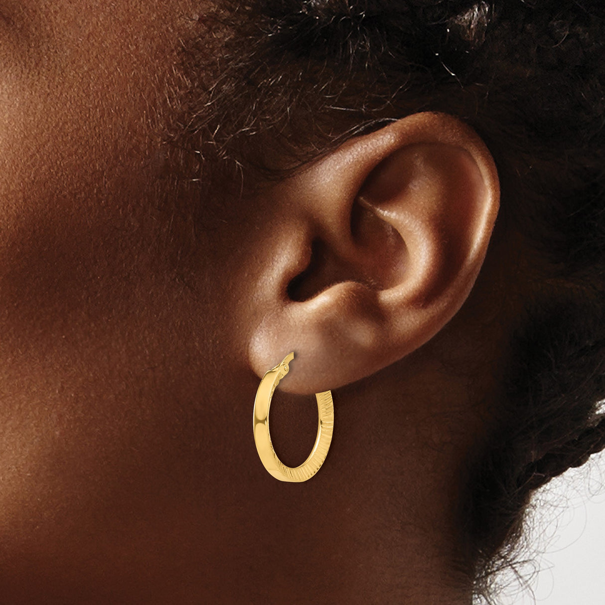 14k Yellow Gold Hoop Earrings with Textured Ridged Design and Polished Finish