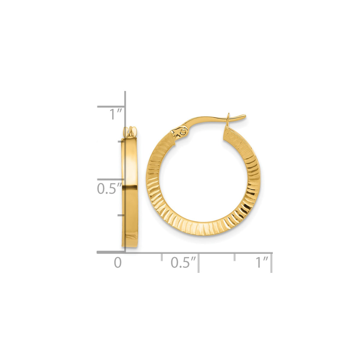 14k Yellow Gold Hoop Earrings with Textured Ridged Design and Polished Finish