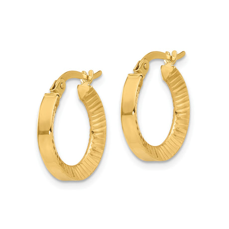 14k Yellow Gold Hoop Earrings, Textured Ridged Round Design for Women
