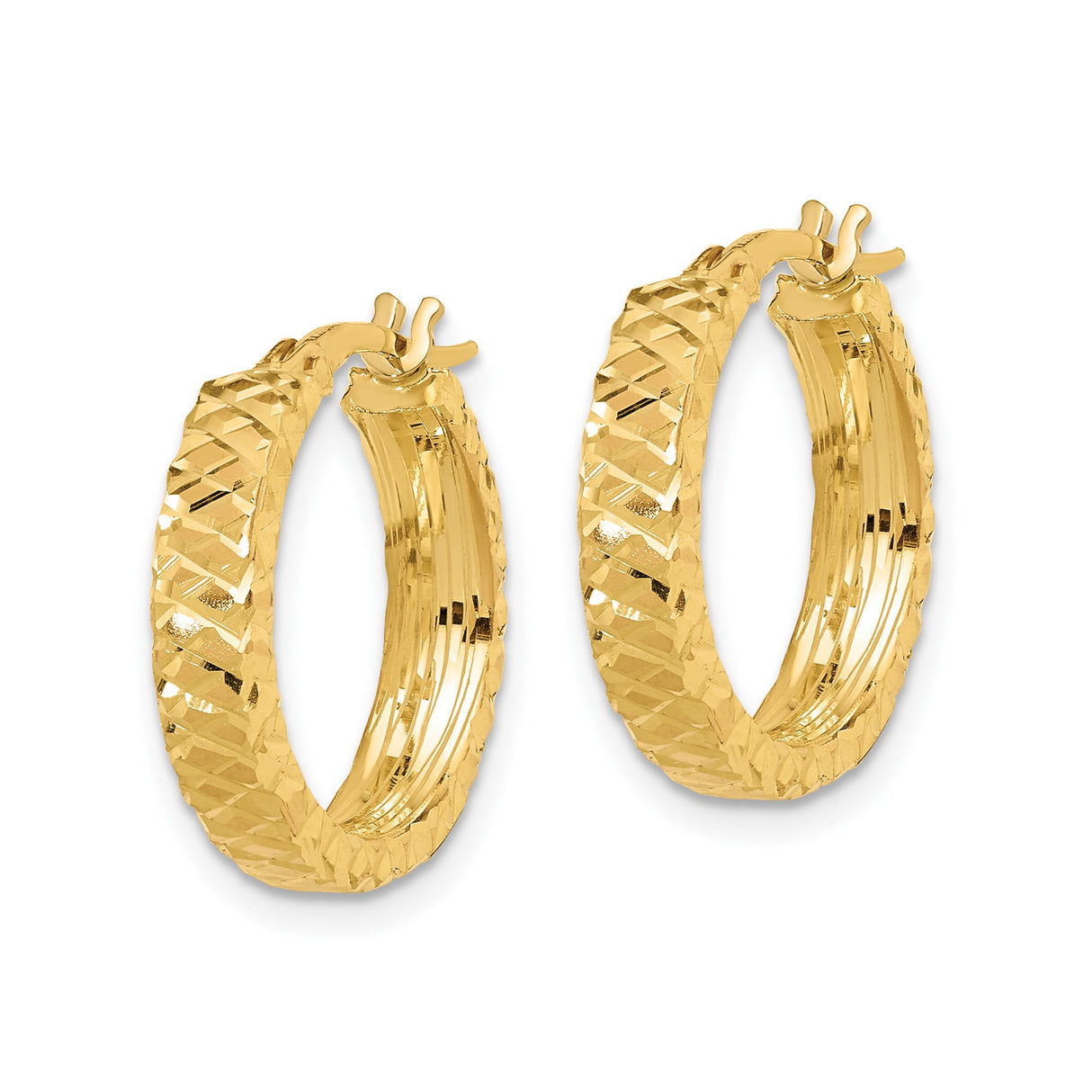 14k Yellow Gold Hoop Earrings with Diamond Cut Texture, Classic Circular Design, Latch Back Closure