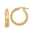 14k Yellow Gold Hoop Earrings with Diamond Cut Texture, Classic Circular Design, Latch Back Closure