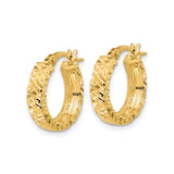 14k Yellow Gold Hoop Earrings, Textured Diamond Cut Polished Round Hoops for Women