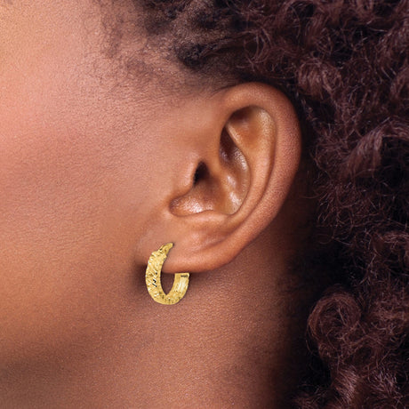 14k Yellow Gold Hoop Earrings, Textured Diamond Cut Polished Round Hoops for Women