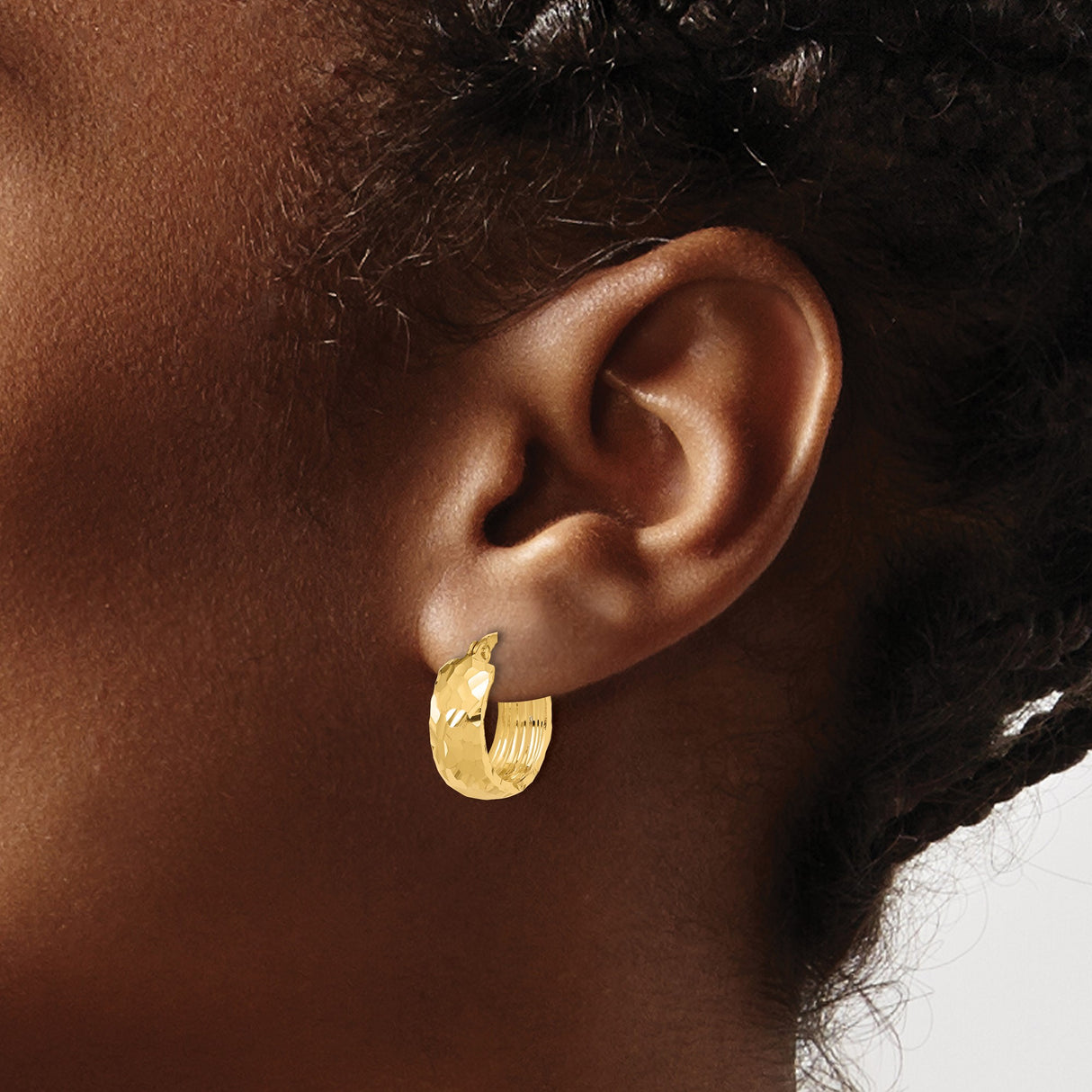 14k Yellow Gold Hoop Earrings, Hammered Finish Textured Round Hoops, 1 Inch Diameter