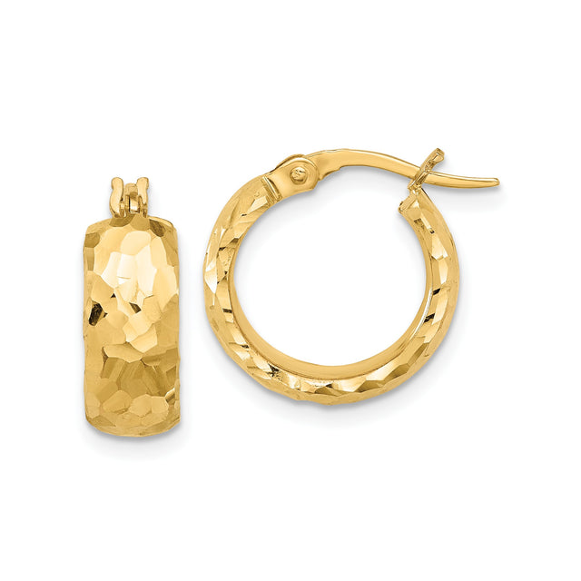 14k Yellow Gold Hoop Earrings, Hammered Finish Textured Round Hoops, 1 Inch Diameter
