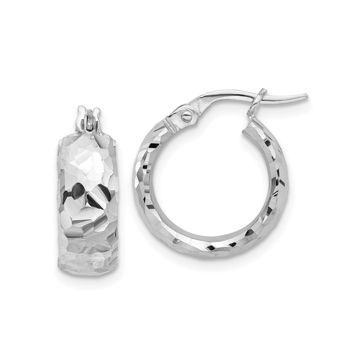 14k White Gold Hoop Earrings, Diamond Cut Polished Finish, Lightweight Textured Modern Style