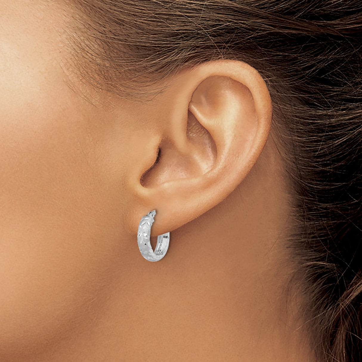 14k White Gold Hoop Earrings, Diamond Cut Textured Design, Geometric Style for Women