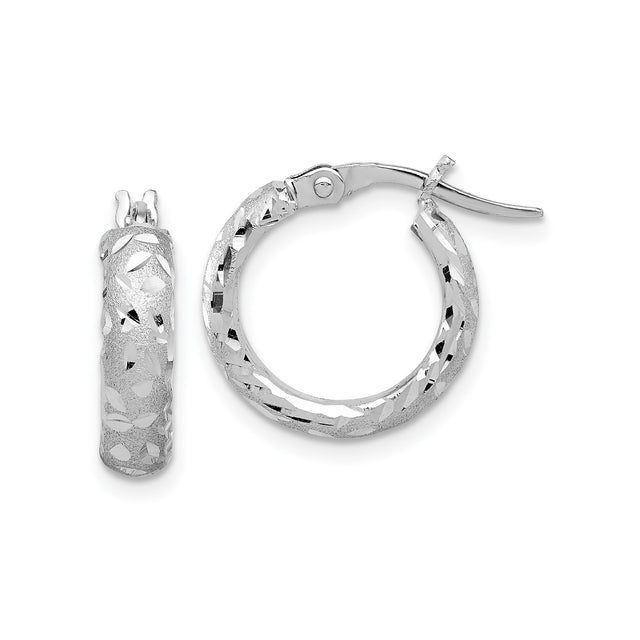 14k White Gold Hoop Earrings, Diamond Cut Textured Design, Geometric Style for Women