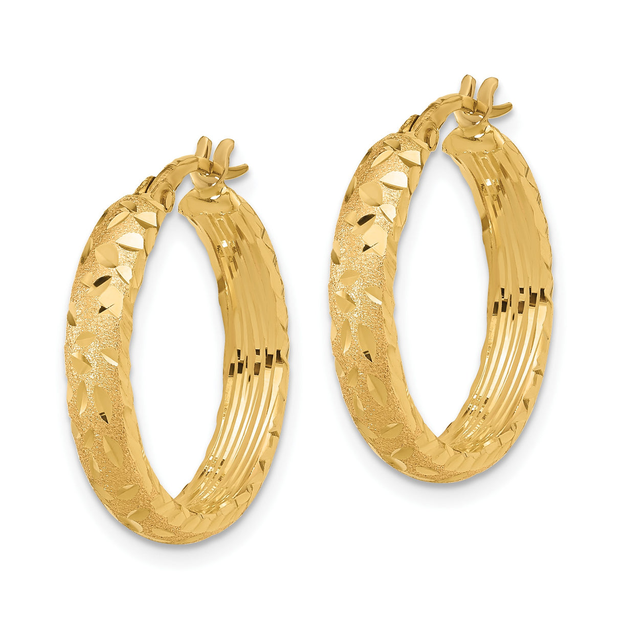 14k Yellow Gold Hoop Earrings with Textured Diamond Cut Leaf Pattern Design for Women