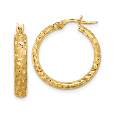 14k Yellow Gold Hoop Earrings with Textured Diamond Cut Leaf Pattern Design for Women