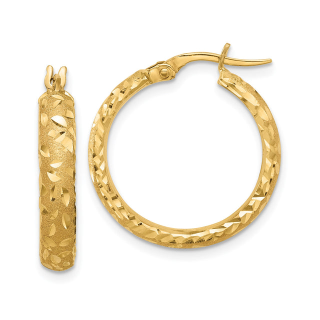 14k Yellow Gold Hoop Earrings with Textured Diamond Cut Leaf Pattern Design for Women