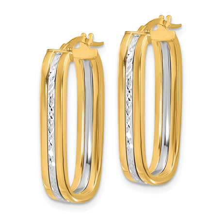14k Two-Tone Gold Hoop Earrings, Rectangular with Diamond Cut Center and Polished Edges