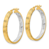14k Yellow Gold Earrings, Two Tone Textured Hoop Design with Diamond Cut Finish for Women