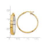 14k Yellow Gold Earrings, Two Tone Textured Hoop Design with Diamond Cut Finish for Women