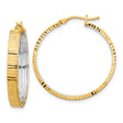 14k Yellow Gold Earrings, Two Tone Textured Hoop Design with Diamond Cut Finish for Women