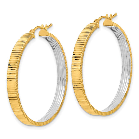 14k Yellow Gold Hoop Earrings, Large Two-Tone Ribbed Round Polished Design for Women