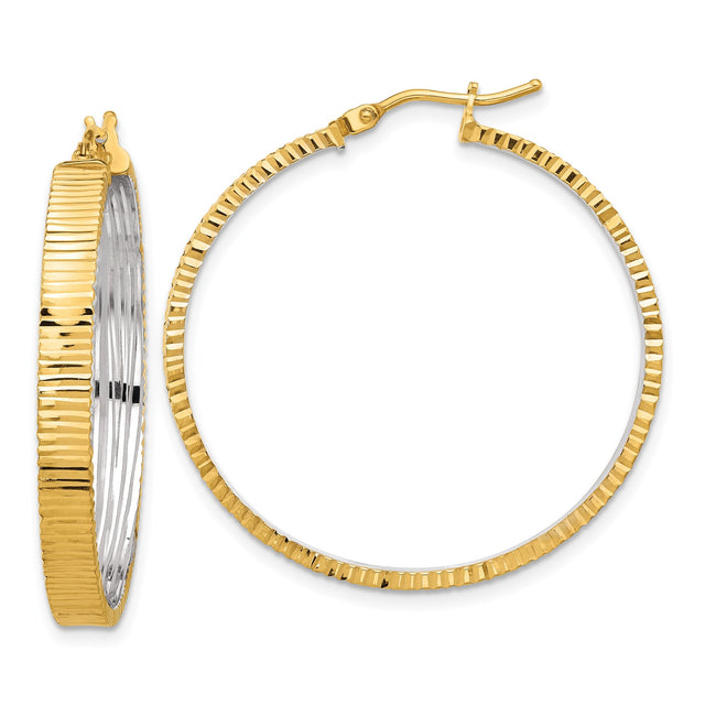 14k Yellow Gold Hoop Earrings, Large Two-Tone Ribbed Round Polished Design for Women