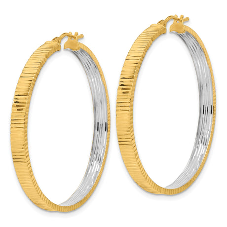 14k Yellow Gold Two-Tone Textured Hoop Earrings, Striped High-Polish Finish, Modern Circle Design