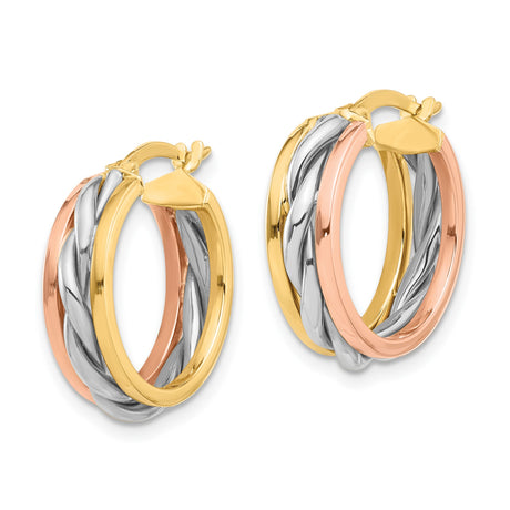 14k Yellow Gold Tri Tone Hoop Earrings with Twisted Intertwined Strands, Polished Finish