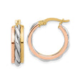 14k Yellow Gold Tri Tone Hoop Earrings with Twisted Intertwined Strands, Polished Finish