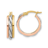 14k Yellow Gold Tri Tone Hoop Earrings with Twisted Intertwined Strands, Polished Finish