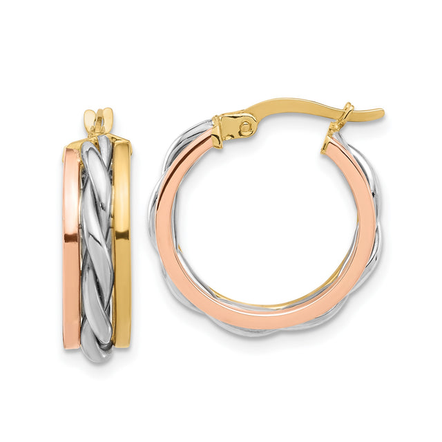 14k Yellow Gold Tri Tone Hoop Earrings with Twisted Intertwined Strands, Polished Finish
