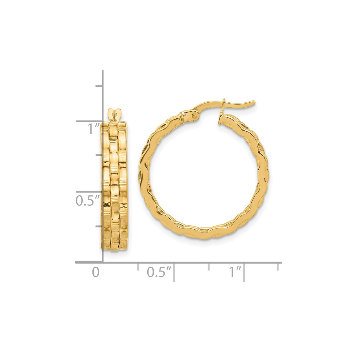 14k Yellow Gold Hoop Earrings, Triple Row Design with Polished and Ribbed Finish, Medium Size