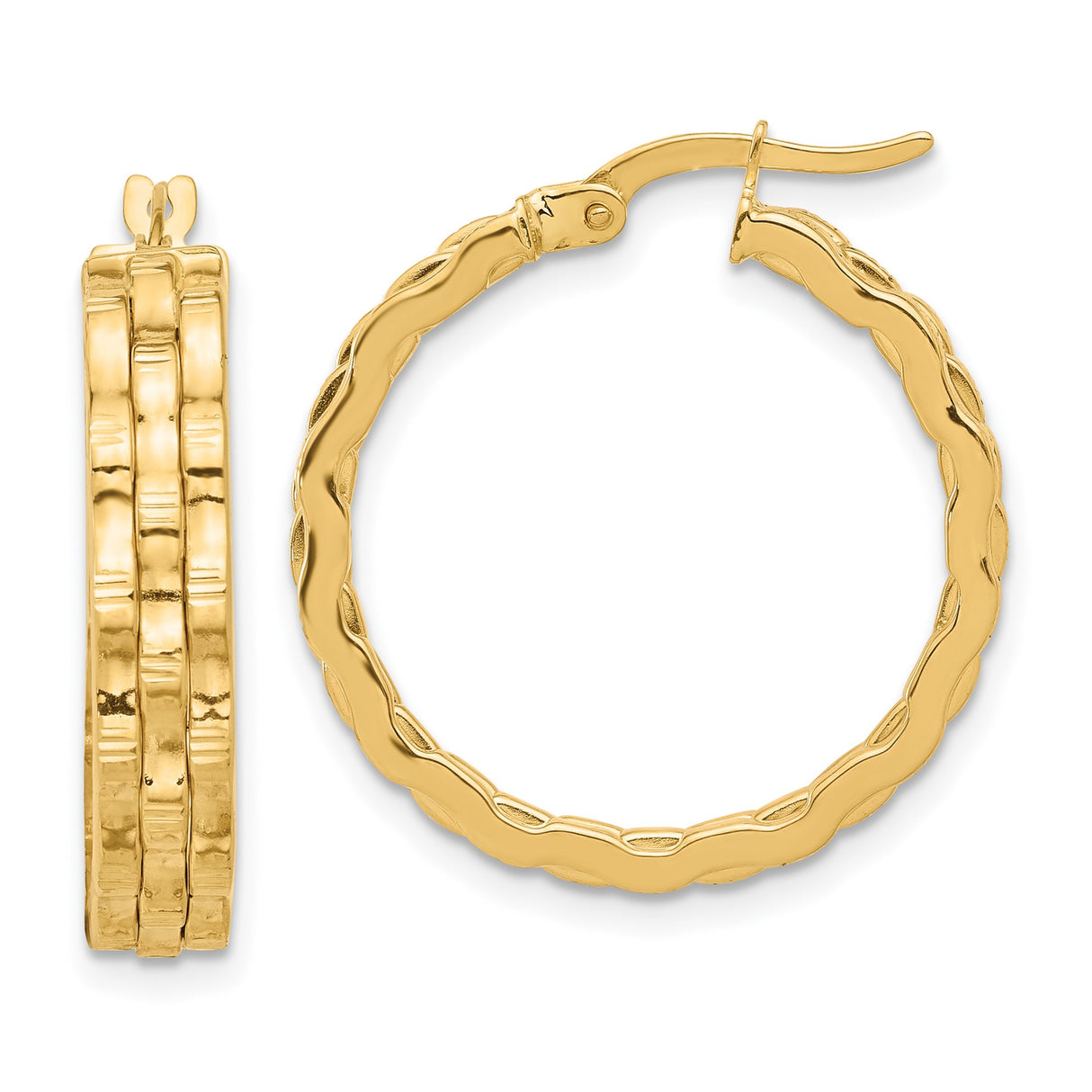 14k Yellow Gold Hoop Earrings, Triple Row Design with Polished and Ribbed Finish, Medium Size