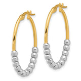 14k Yellow Gold Hoop Earrings with White Gold Bead Accents, Two-Tone Oval Design for Women