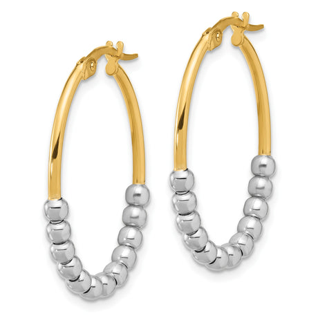 14k Yellow Gold Hoop Earrings with White Gold Bead Accents, Two-Tone Oval Design for Women