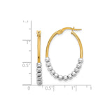 14k Yellow Gold Hoop Earrings with White Gold Bead Accents, Two-Tone Oval Design for Women