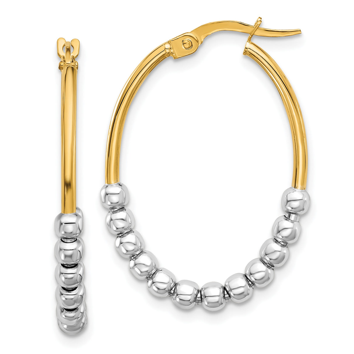 14k Yellow Gold Hoop Earrings with White Gold Bead Accents, Two-Tone Oval Design for Women