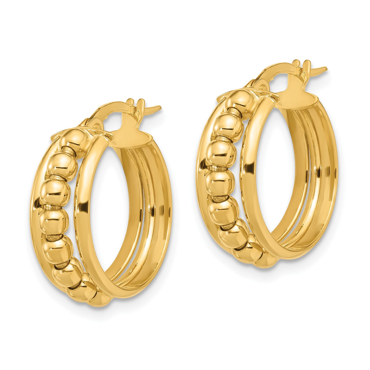 14k Yellow Gold Hoop Earrings with Beaded Triple Row Design and Central Bead Detail