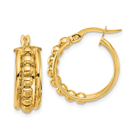 14k Yellow Gold Hoop Earrings with Beaded Triple Row Design and Central Bead Detail