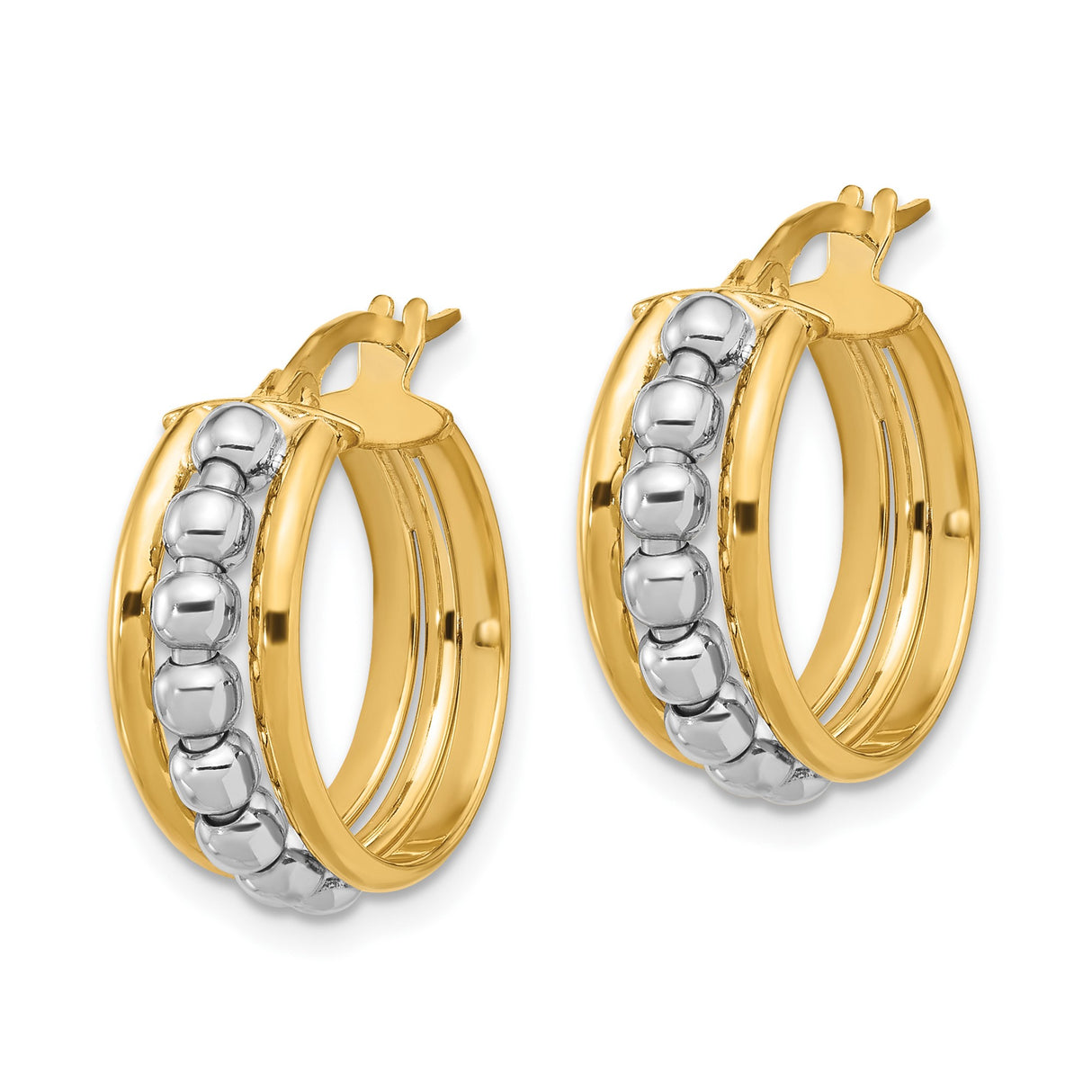 14k Two-Tone Gold Hoop Earrings with Polished Yellow Base and White Gold Beaded Accents