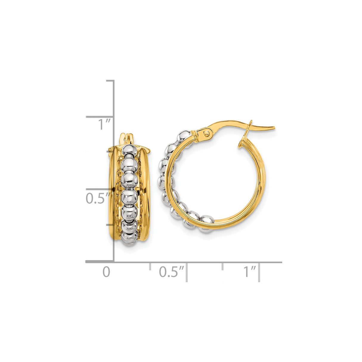 14k Two-Tone Gold Hoop Earrings with Polished Yellow Base and White Gold Beaded Accents