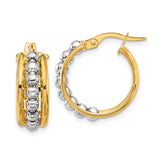 14k Two-Tone Gold Hoop Earrings with Polished Yellow Base and White Gold Beaded Accents
