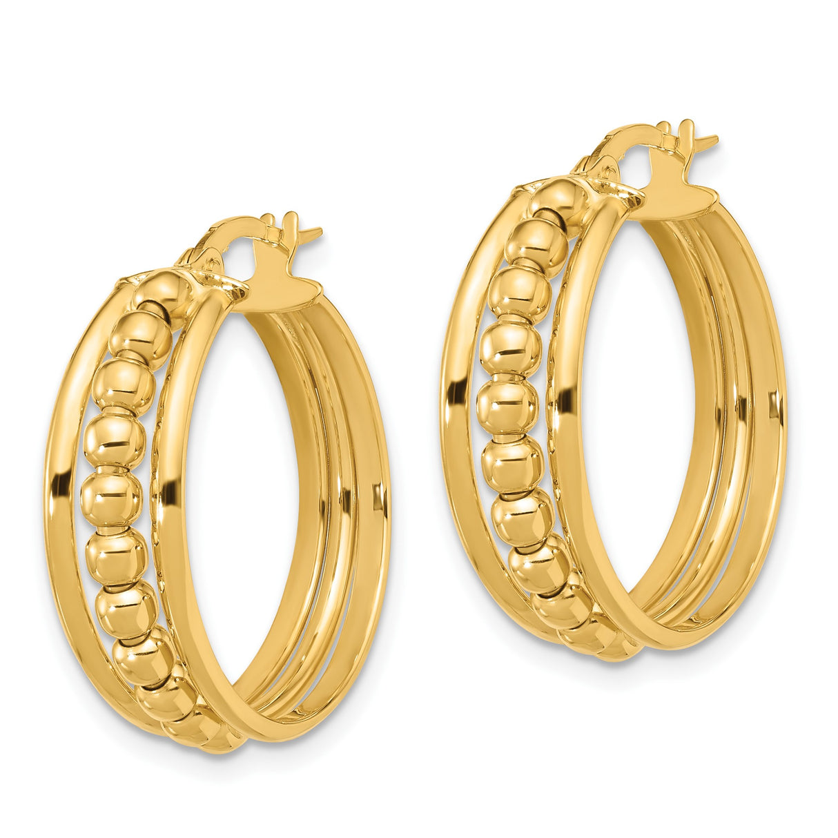 14k Yellow Gold Hoop Earrings with Beaded Design, Polished Finish, Classic Lightweight Style