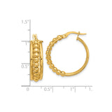14k Yellow Gold Hoop Earrings with Beaded Design, Polished Finish, Classic Lightweight Style